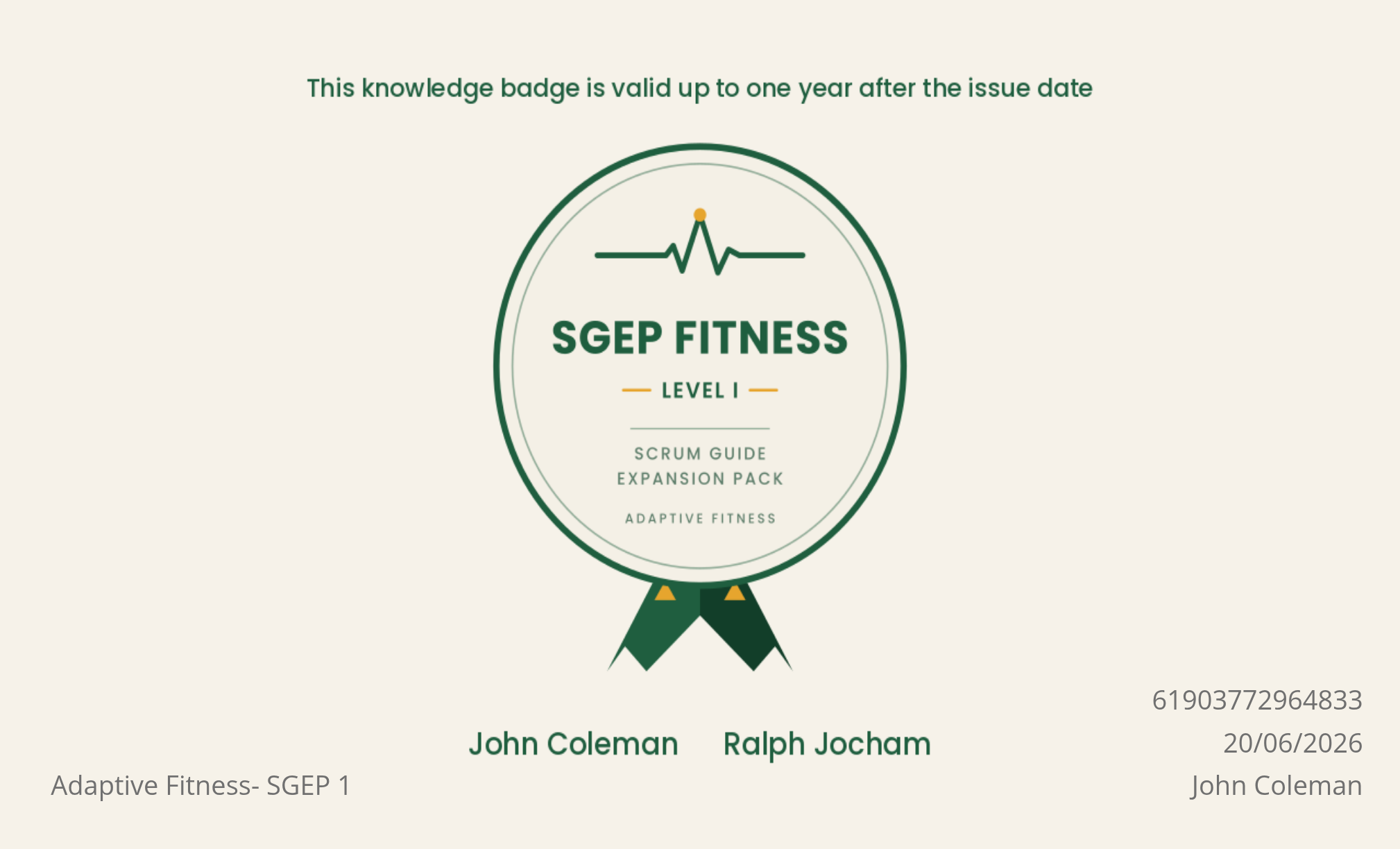 Example SGEP Fitness Level 1 digital badge with credential ID and issue date, valid one year from issue