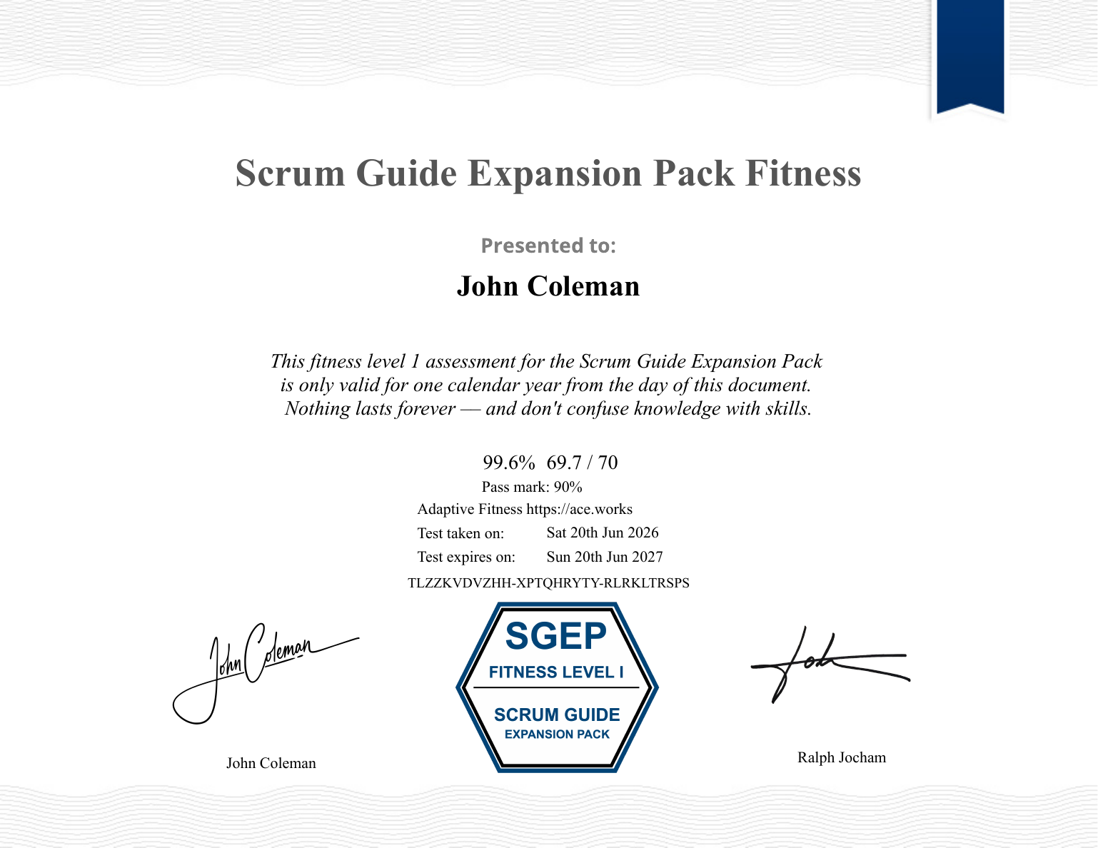 Example SGEP Fitness Level 1 certificate showing score, pass mark, test and expiry dates, and verification code